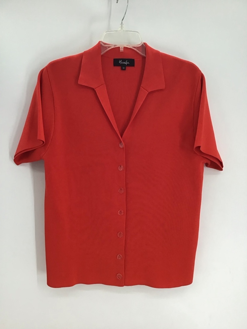 Hanifa Women’s Button-Up Short Sleeve Top Polo Tomato Red Career Size Medium